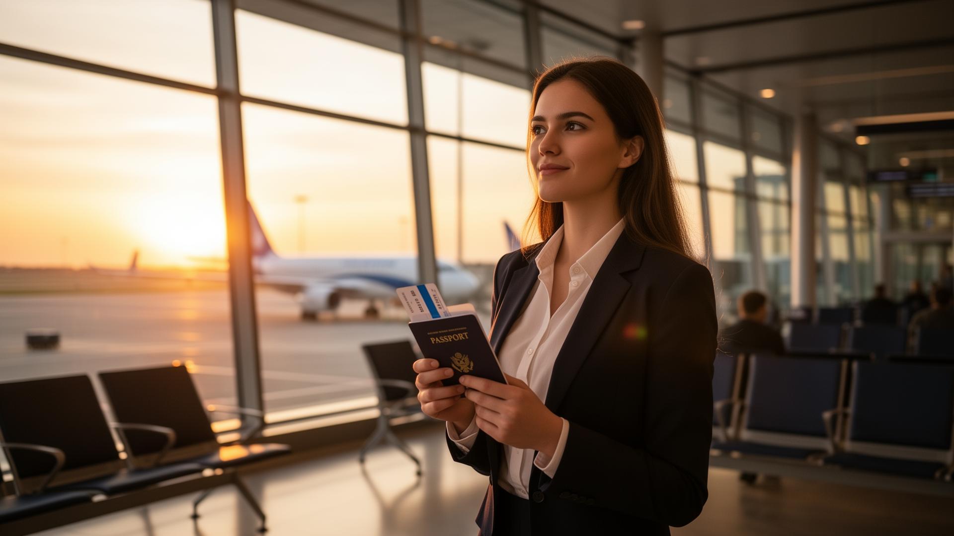 Professional traveler at airport departure lounge holding passport and boarding pass at sunset