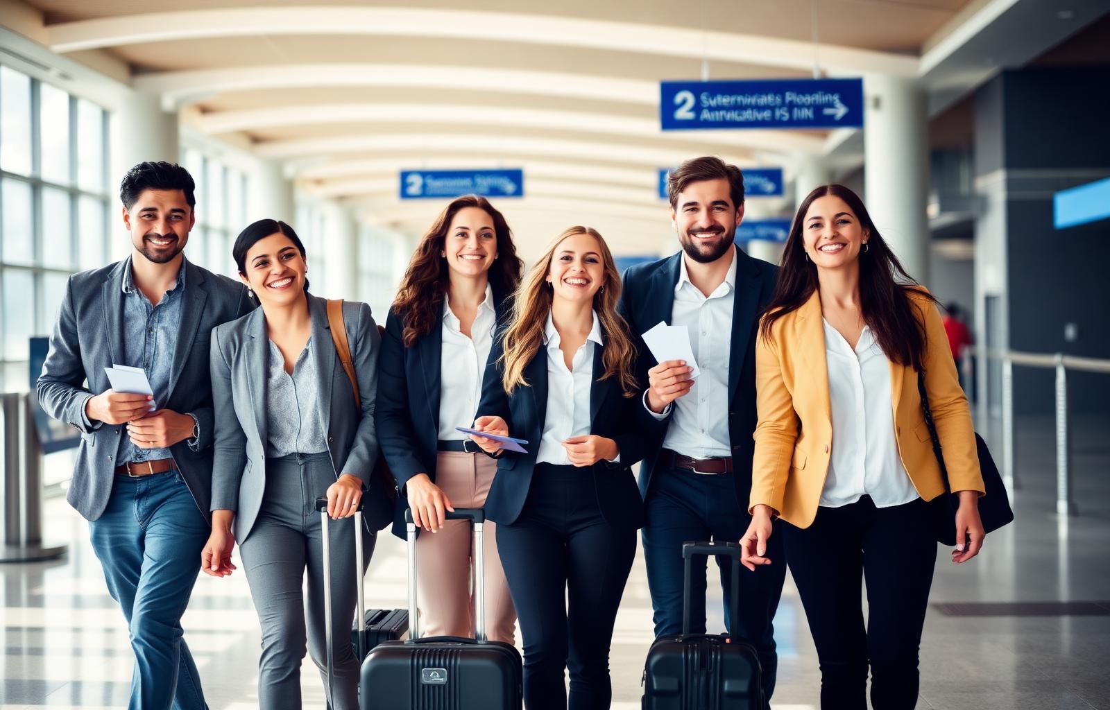 Happy professionals heading abroad together